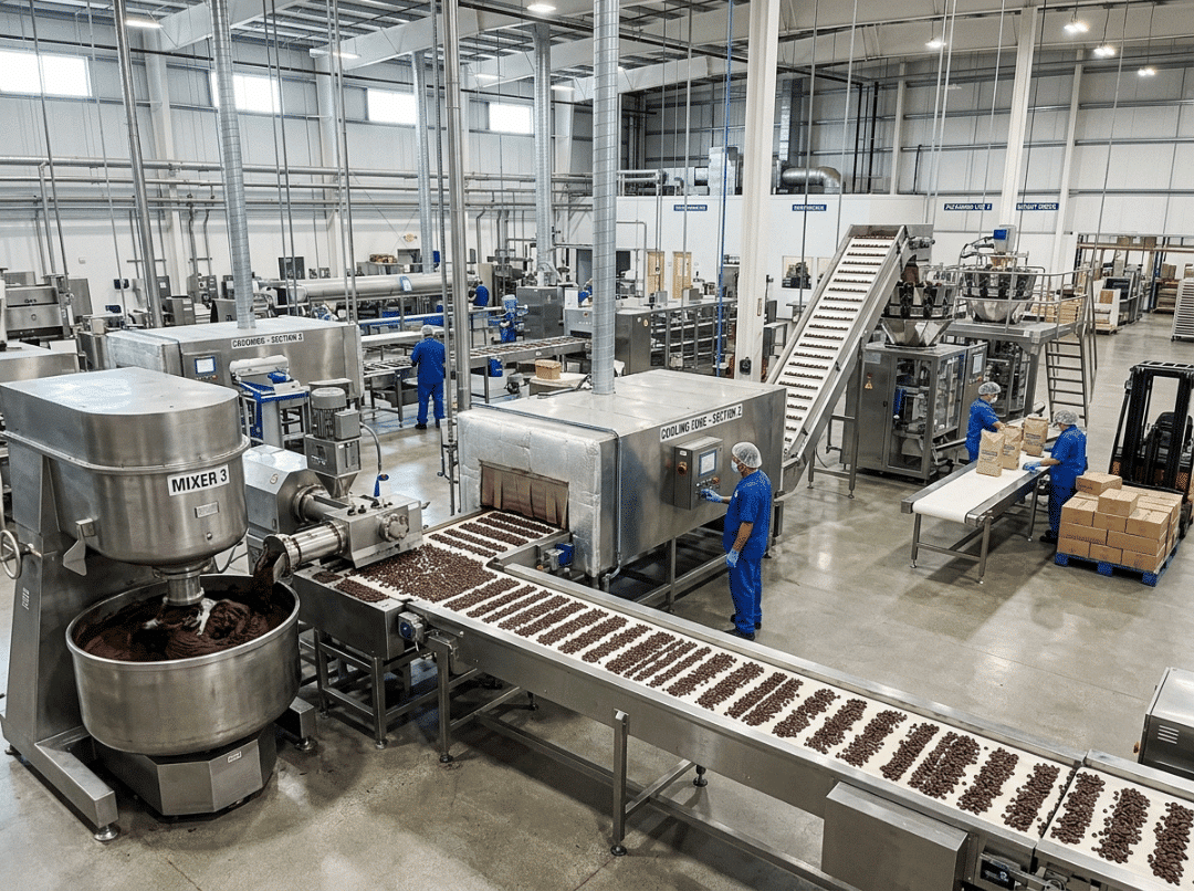 Chocolate chip production line in factory Chocolate chip production line in factory