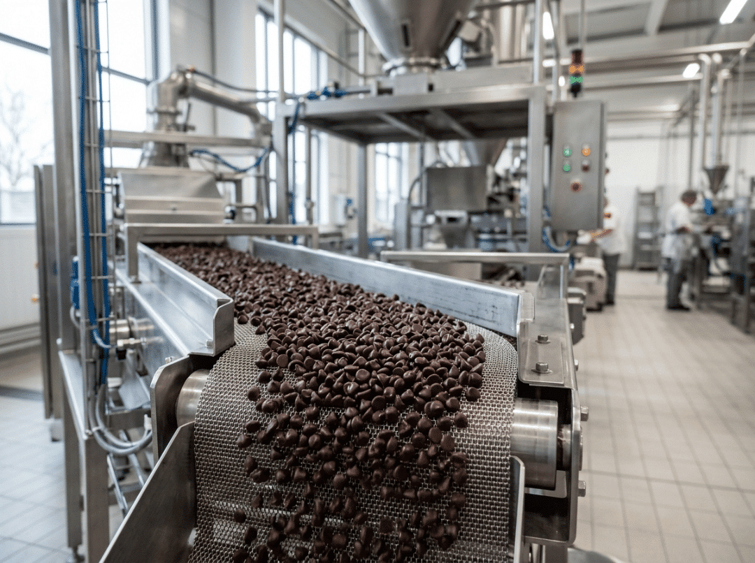 Chocolate chips on a factory conveyor belt