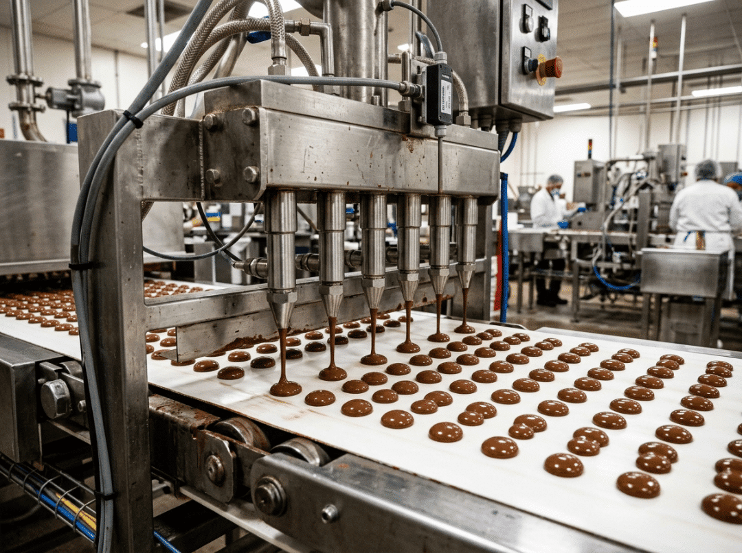 Chocolate depositing machine forming chips Chocolate depositing machine forming chips