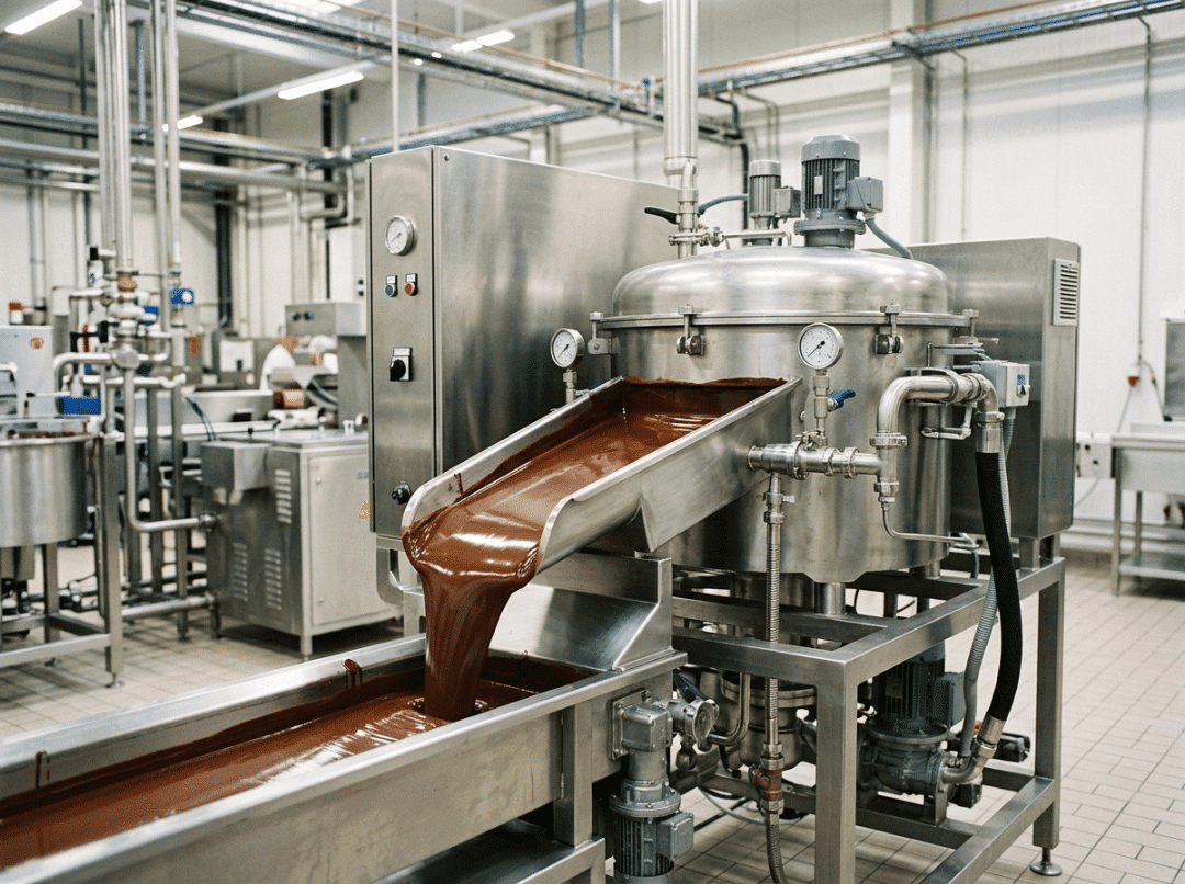 Chocolate tempering machine in a factory Chocolate tempering machine in a factory