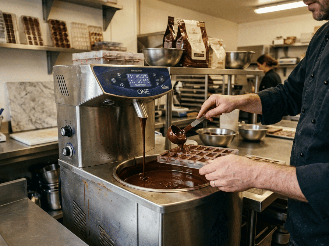 Chocolate tempering machine producing glossy tempered chocolate Chocolate tempering machine producing glossy tempered chocolate