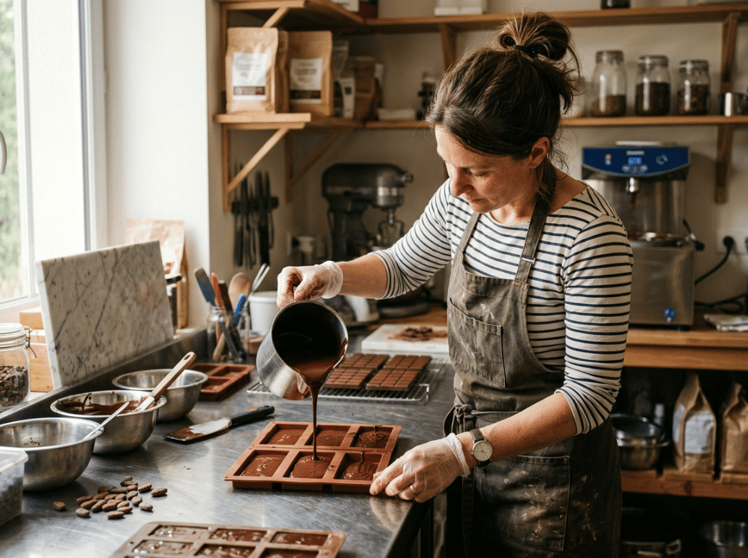 Chocolatier pouring melted chocolate into bar molds