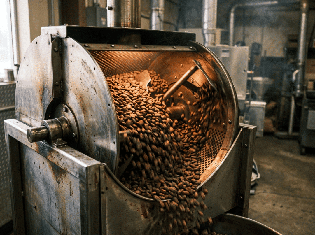 Cocoa beans tumbling inside a rotating drum roaster Cocoa beans tumbling inside a rotating drum roaster