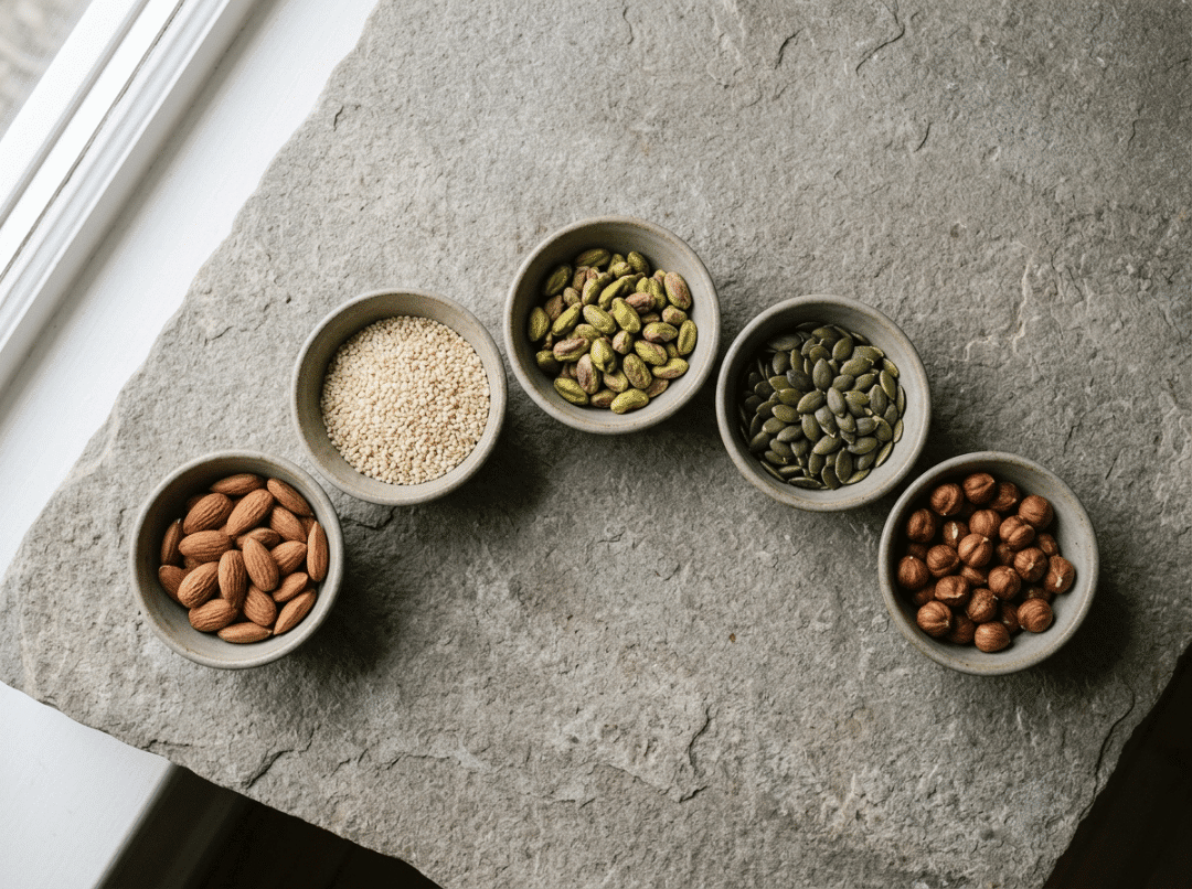 Common high fat seeds and nuts suited for melanger processing Common high fat seeds and nuts suited for melanger processing