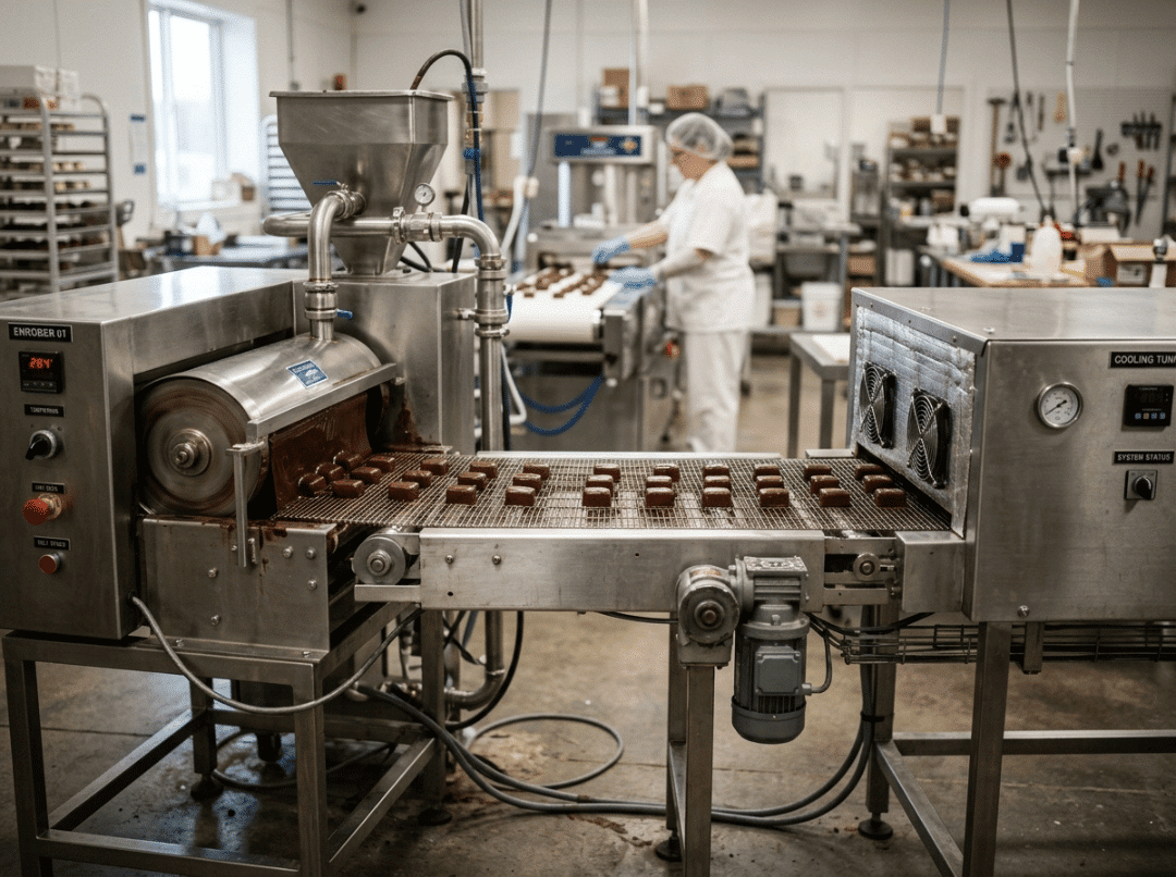 Compact chocolate production line coating pieces on a belt Compact chocolate production line coating pieces on a belt