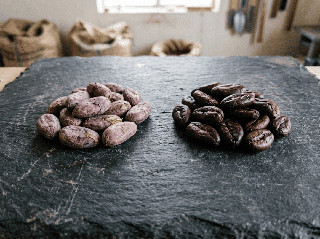 Comparing under roasted and well roasted cocoa beans Comparing under roasted and well roasted cocoa beans