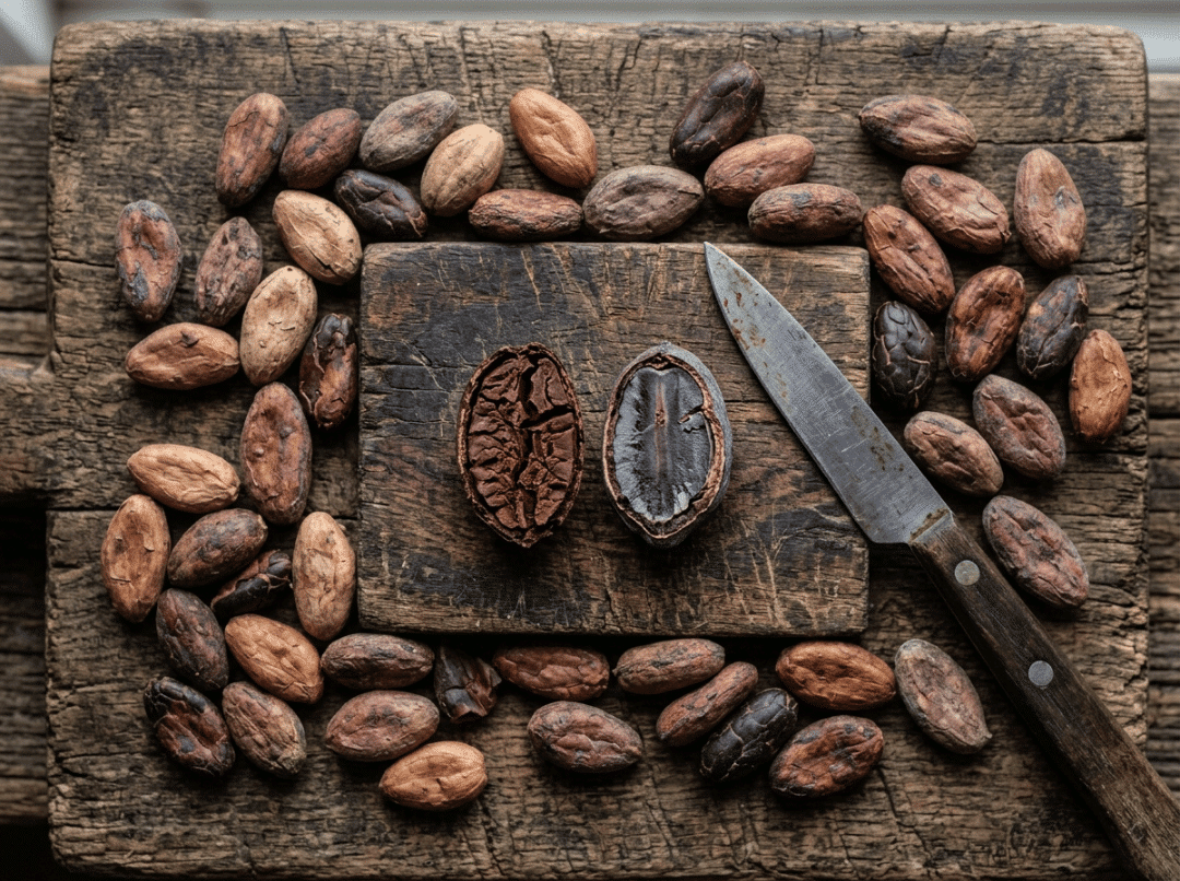 Cut test showing cocoa bean interior for fermentation Cut test showing cocoa bean interior for fermentation