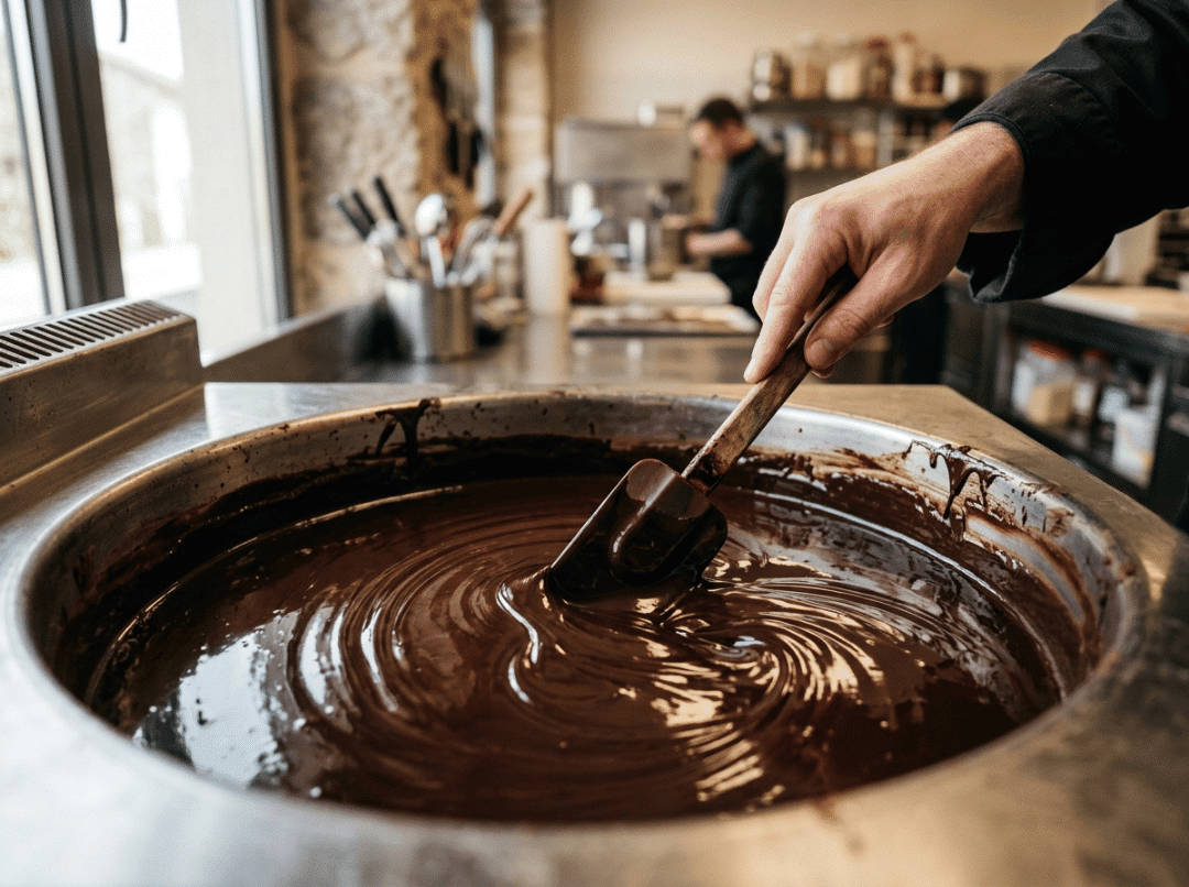 Dark chocolate melting in a stainless steel tank being stirred by hand