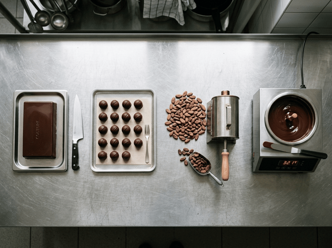 Four chocolate business models shown as ingredient stations Four chocolate business models shown as ingredient stations