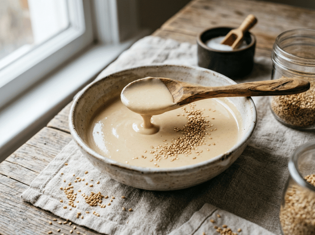 Freshly ground tahini with toasted sesame seeds Freshly ground tahini with toasted sesame seeds