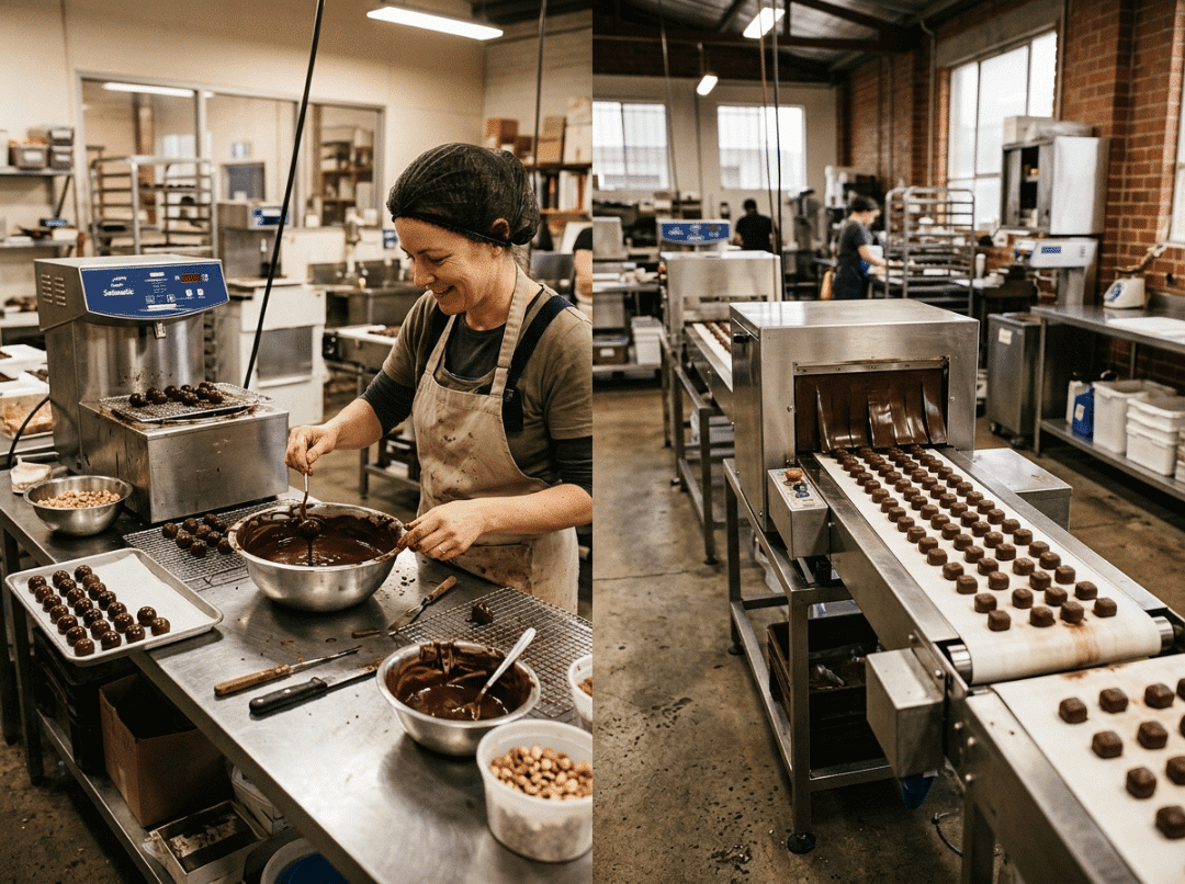 Hand production beside an automatic chocolate line Hand production beside an automatic chocolate line