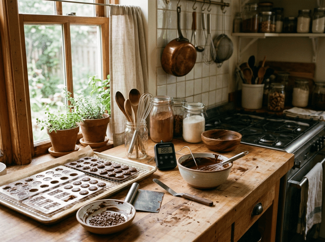Home kitchen set up for small batch chocolate making Home kitchen set up for small batch chocolate making