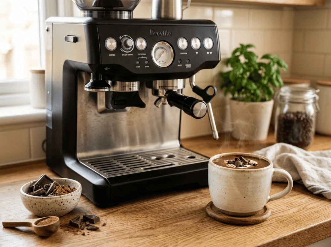 Hot chocolate beside an espresso machine