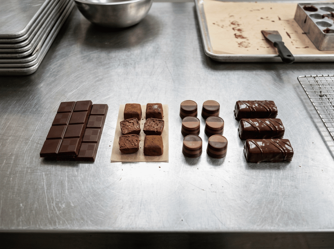 Molded, filled, two color, and enrobed chocolates Molded, filled, two color, and enrobed chocolates