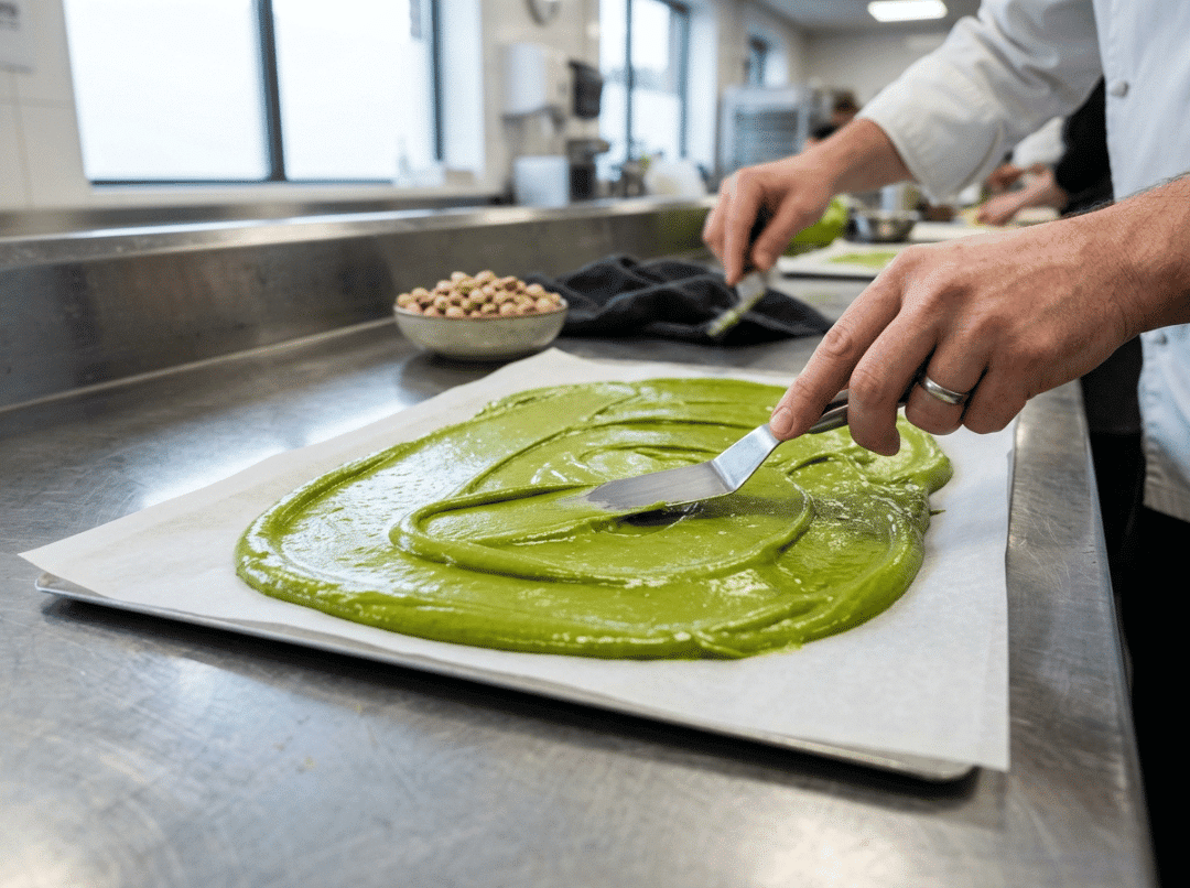 Pistachio paste spread on parchment in a production kitchen Pistachio paste spread on parchment in a production kitchen
