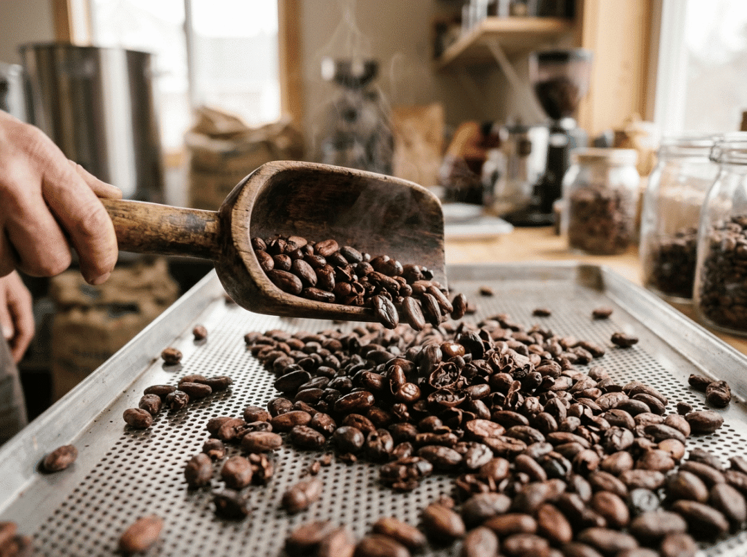 Roasted cocoa beans cooling on a metal tray