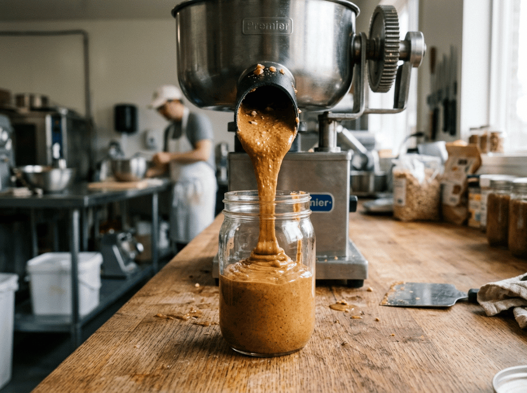 Smooth almond butter poured from a melanger into a jar Smooth almond butter poured from a melanger into a jar