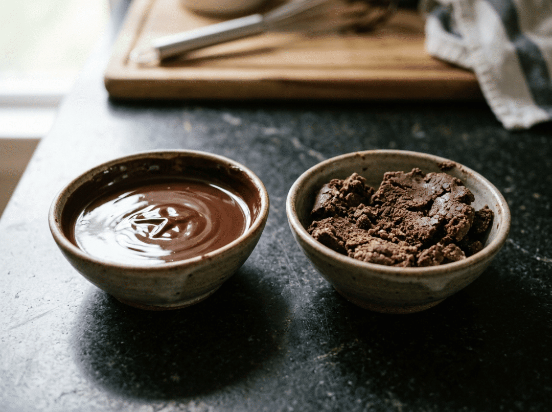Smooth glossy chocolate next to seized grainy chocolate showing melting failure Smooth glossy chocolate next to seized grainy chocolate showing melting failure