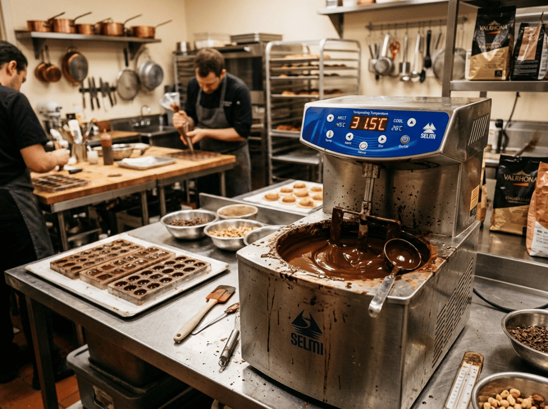 Stainless steel chocolate melter holding melted chocolate in a pastry kitchen Stainless steel chocolate melter holding melted chocolate in a pastry kitchen
