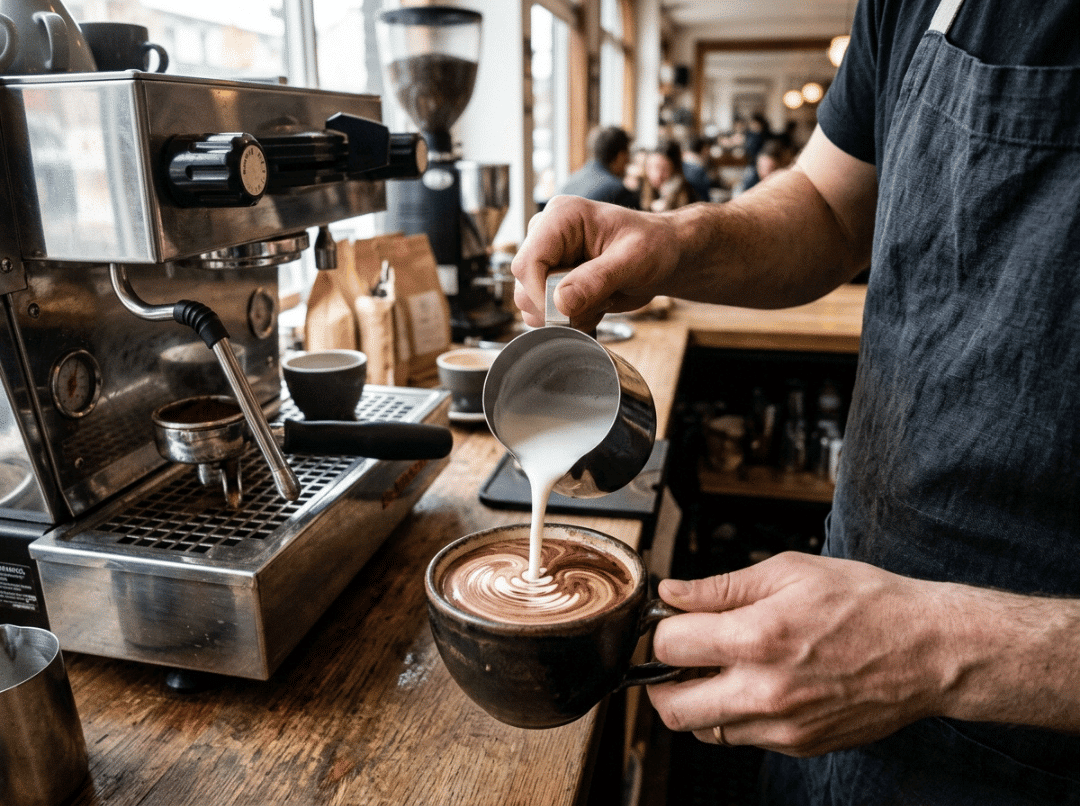 Steamed milk poured into melted chocolate Steamed milk poured into melted chocolate