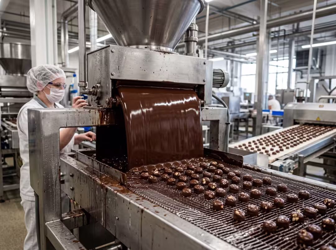 Chocolate enrobing line coating products on a belt Chocolate enrobing line coating products on a belt