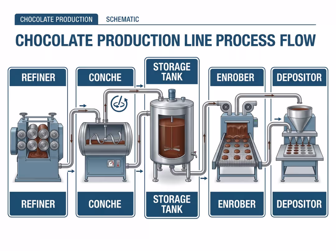 Chocolate storage tank position in a production line Chocolate storage tank position in a production line