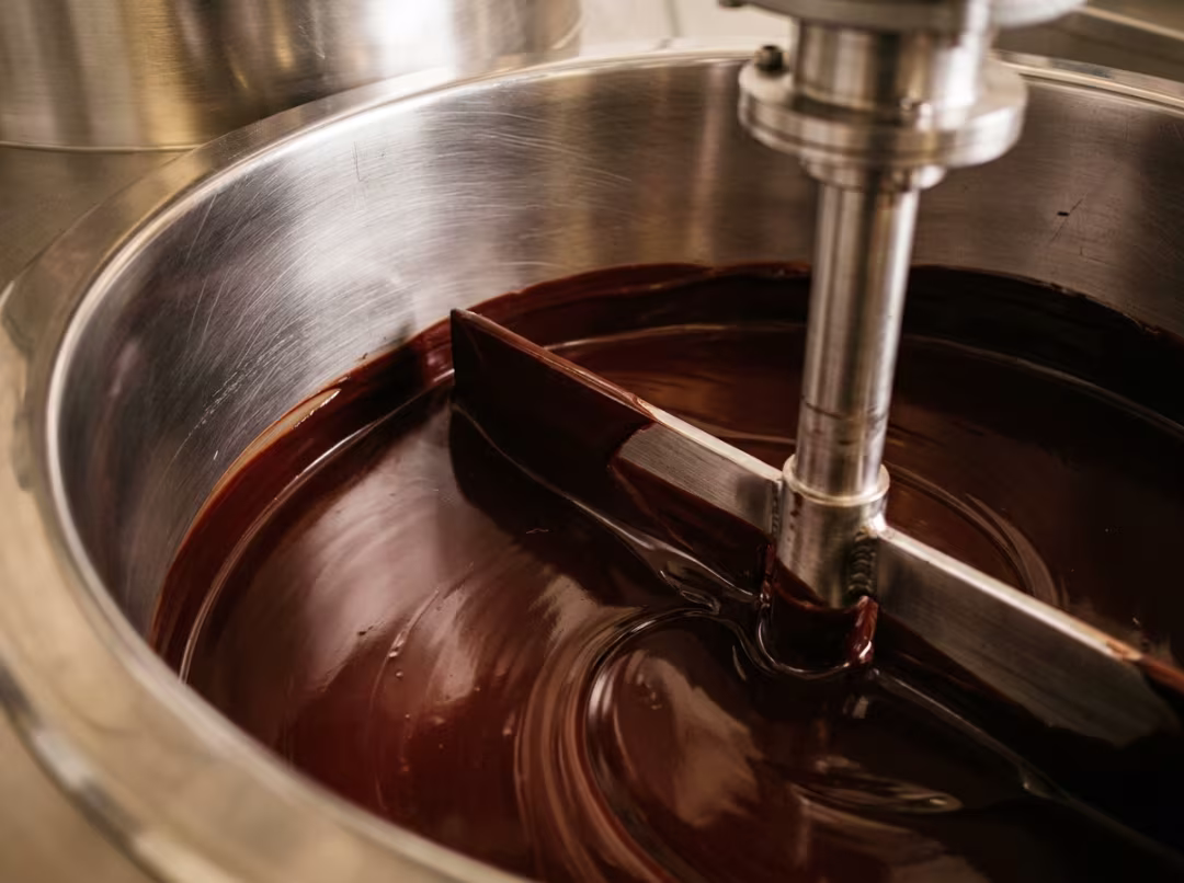Jacketed chocolate tank interior with agitator blade Jacketed chocolate tank interior with agitator blade