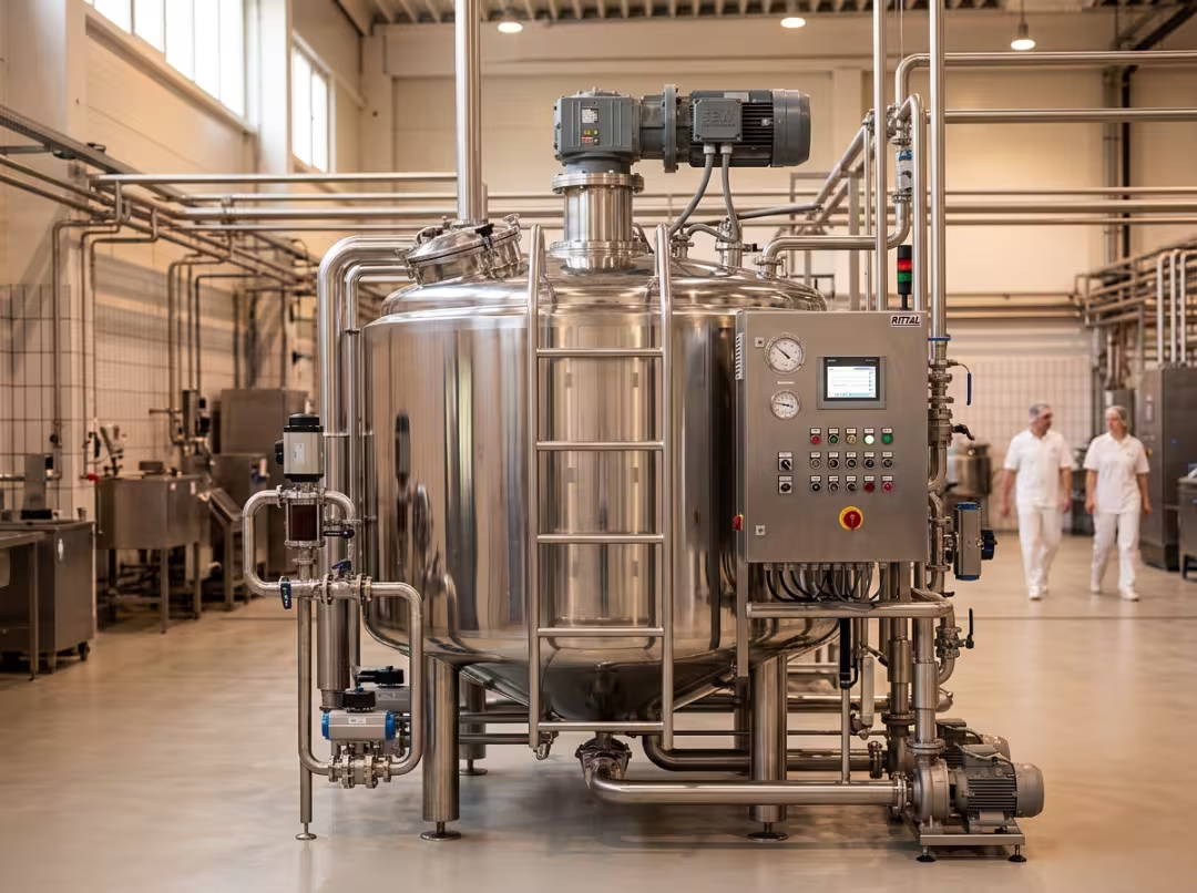 Stainless steel chocolate storage tank in a factory